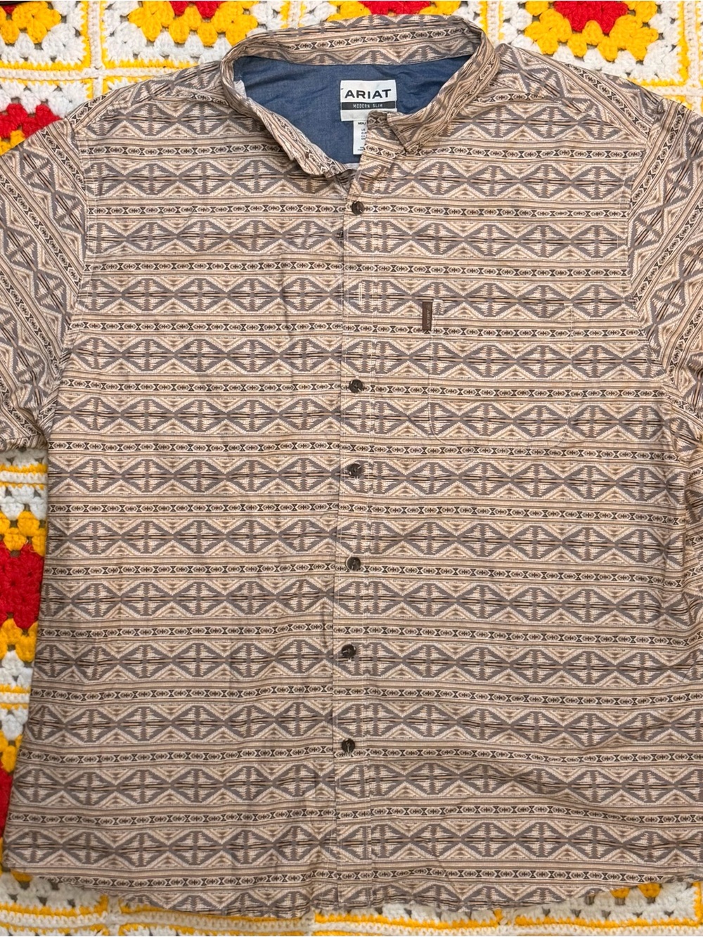 Ariat Men Tan Aztec Geometric Modern Slim Fit XXL Short Sleeve Shirt